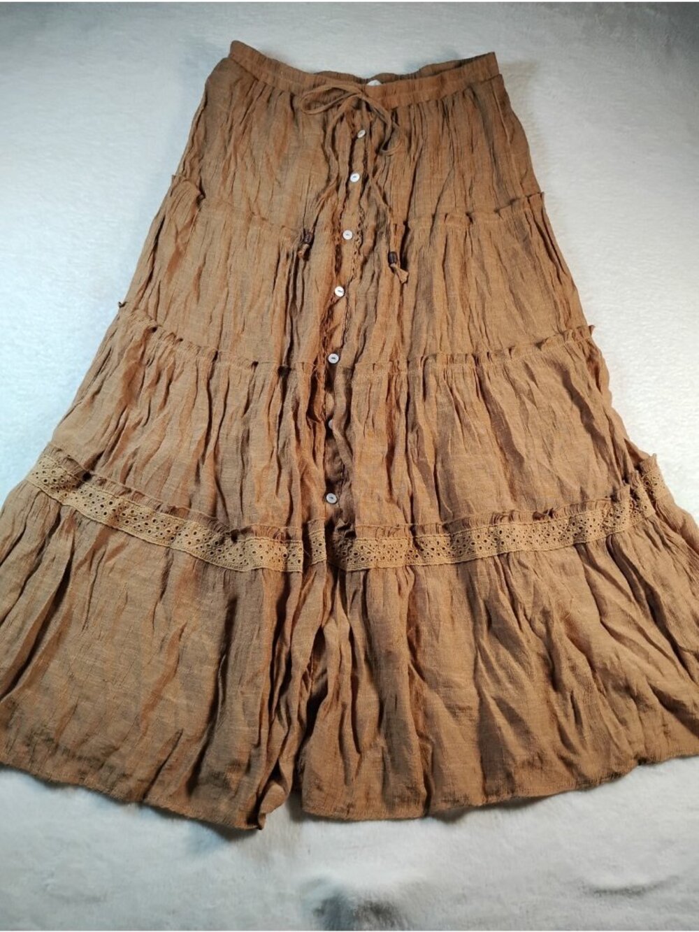 Anneliege Tiered Midi Skirt Boho Crinkle Gauze Peasant Hippie Lined L Brown